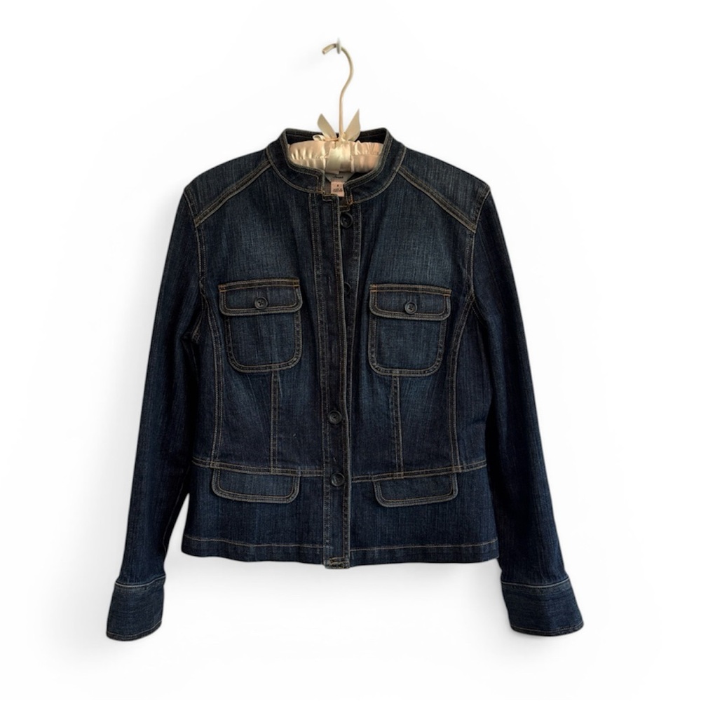 TALBOTS WOMENS DENIM JEAN JACKET SIZE 6 TAPERED FITTED COLLARLESS BUTTON BLUE - Picture 12 of 12